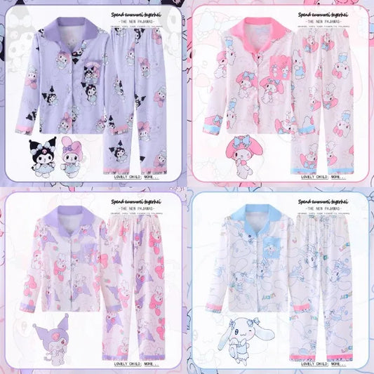 Kawaii Sanrio Cinnamoroll Kids Long Sleeve Y2K Pajamas My Melody Kuromi Cartoon Anime Thin Cardigan Cotton Casual Sleepwear Set