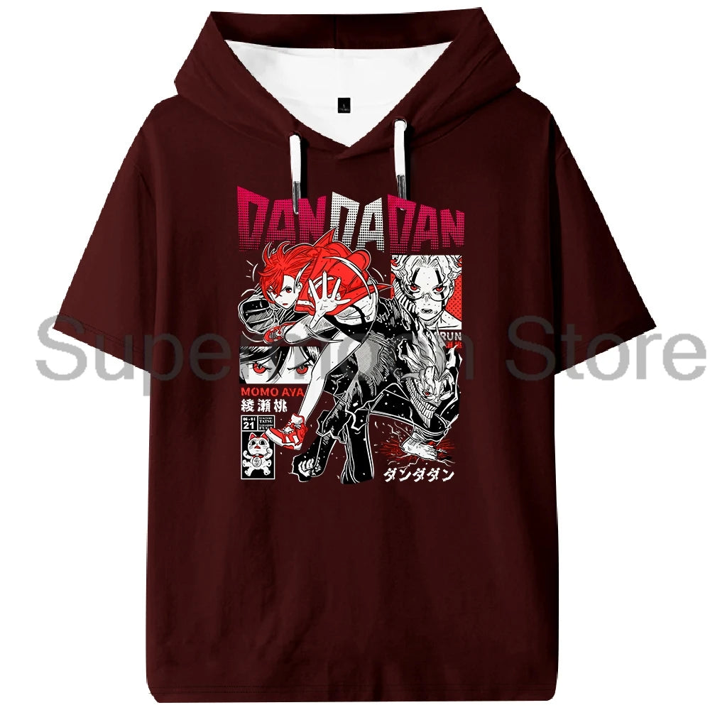 Anime Dandadan Momo Ayase Hooded T-shirt Summer Short Sleeve Sport Gym Tee Women Men Sportwear Outdoor Streetwear Tops