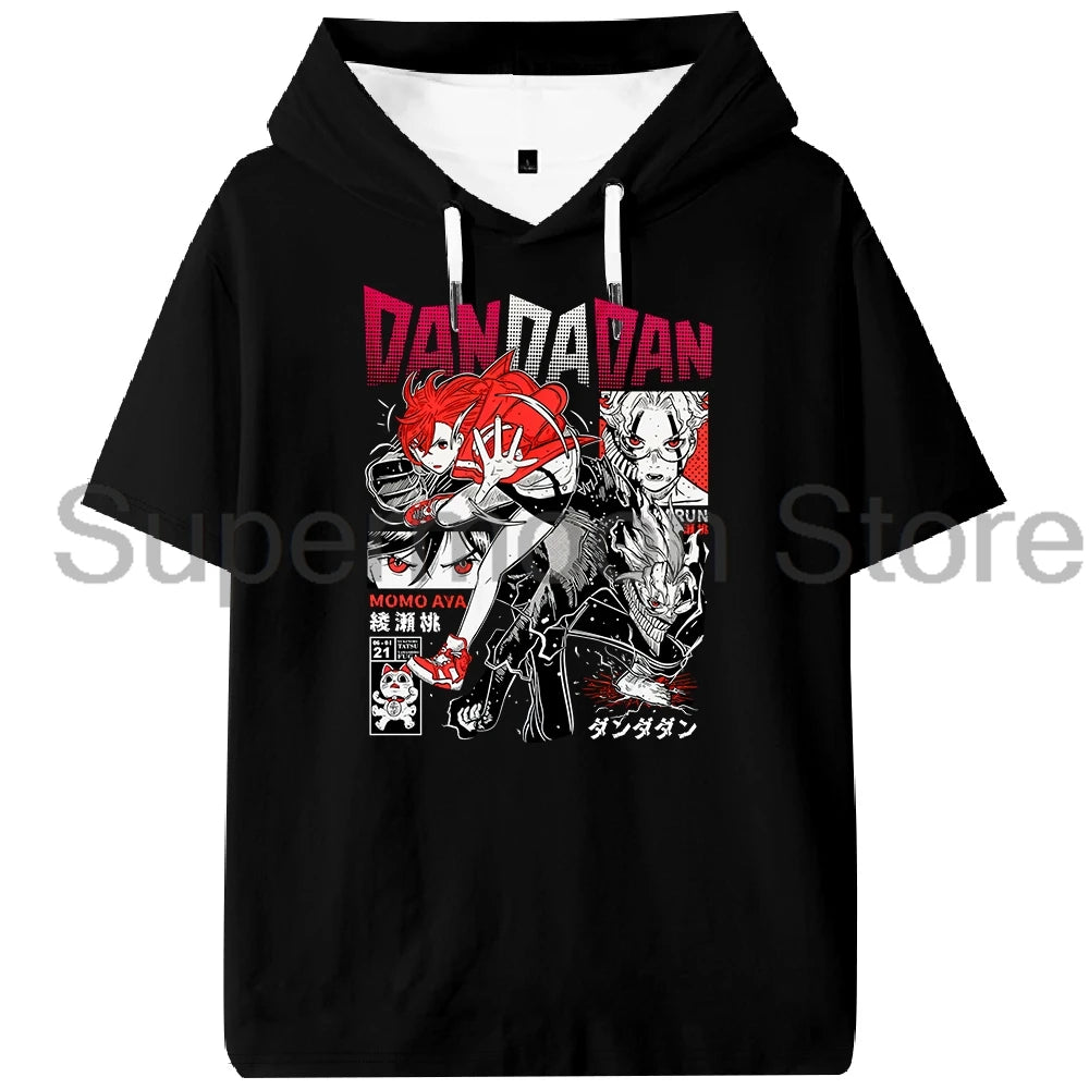 Anime Dandadan Momo Ayase Hooded T-shirt Summer Short Sleeve Sport Gym Tee Women Men Sportwear Outdoor Streetwear Tops