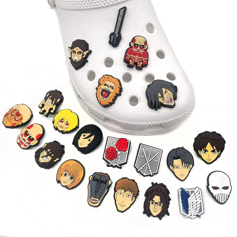 21Pcs Attack on Titan Shoe Charms for Clogs Bubble Slides Sandals PVC Shoe Decorations Buckle Accessories for Kids