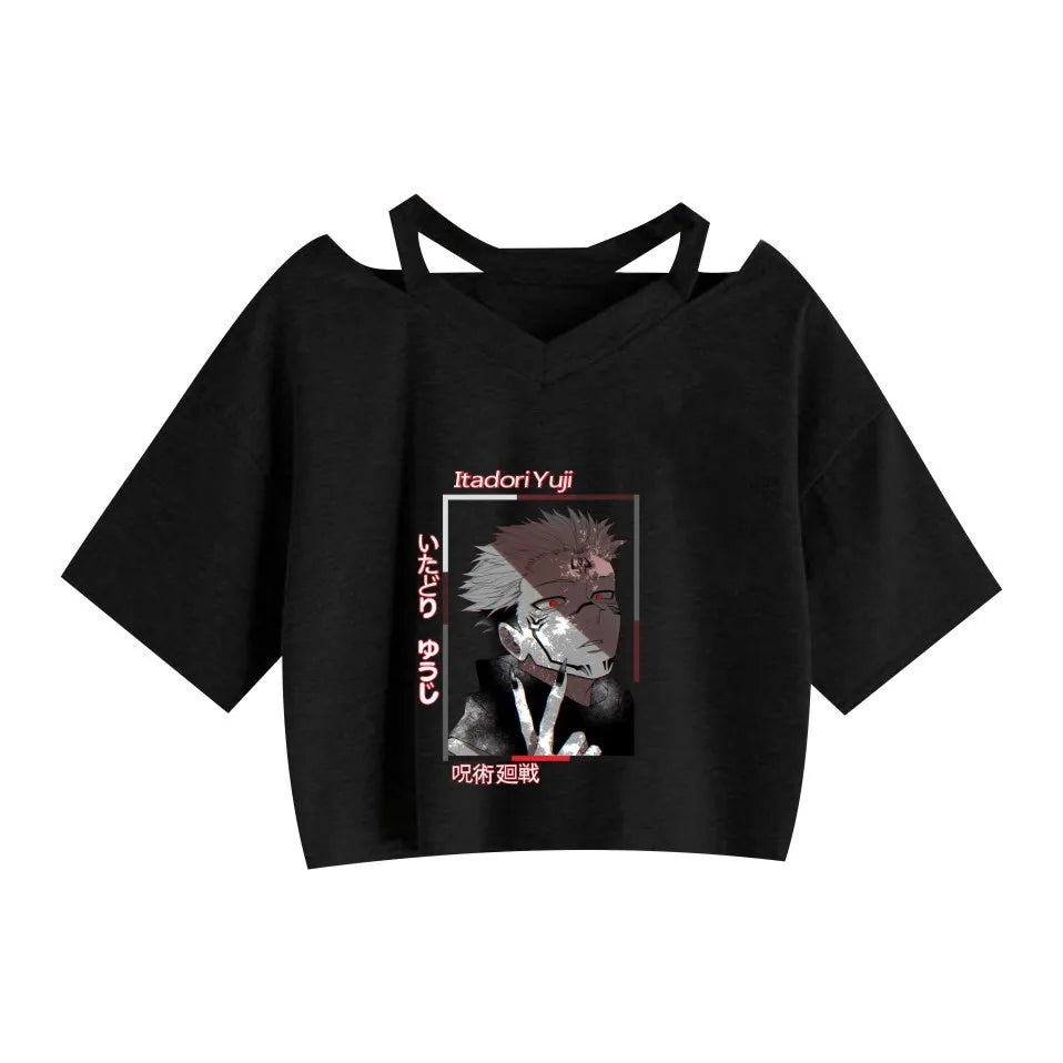 Women Fashion Cute Clothes Jujutsu Kaisen Anime Short Sleeve T-Shirt Casual Loose Pink Anime Graphic V-neck Crop Top Streetwear