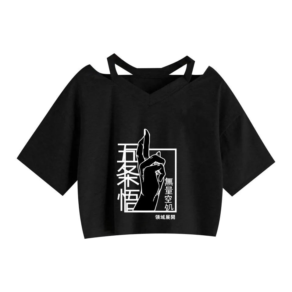 Women Fashion Cute Clothes Jujutsu Kaisen Anime Short Sleeve T-Shirt Casual Loose Pink Anime Graphic V-neck Crop Top Streetwear