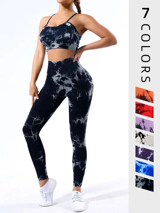 2pcs Tie Dye Yoga Women's Tracksuit Fitness Yoga Sets Sportswear Workout Bra+High Waist Leggings Gym Clothing Seamless Suits