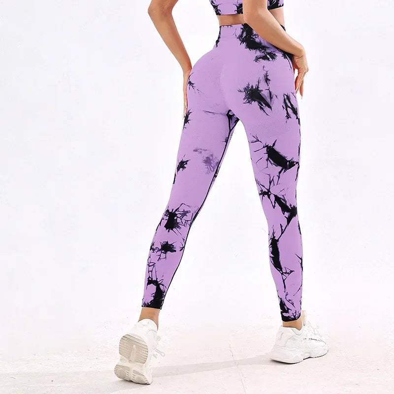 2pcs Tie Dye Yoga Women's Tracksuit Fitness Yoga Sets Sportswear Workout Bra+High Waist Leggings Gym Clothing Seamless Suits