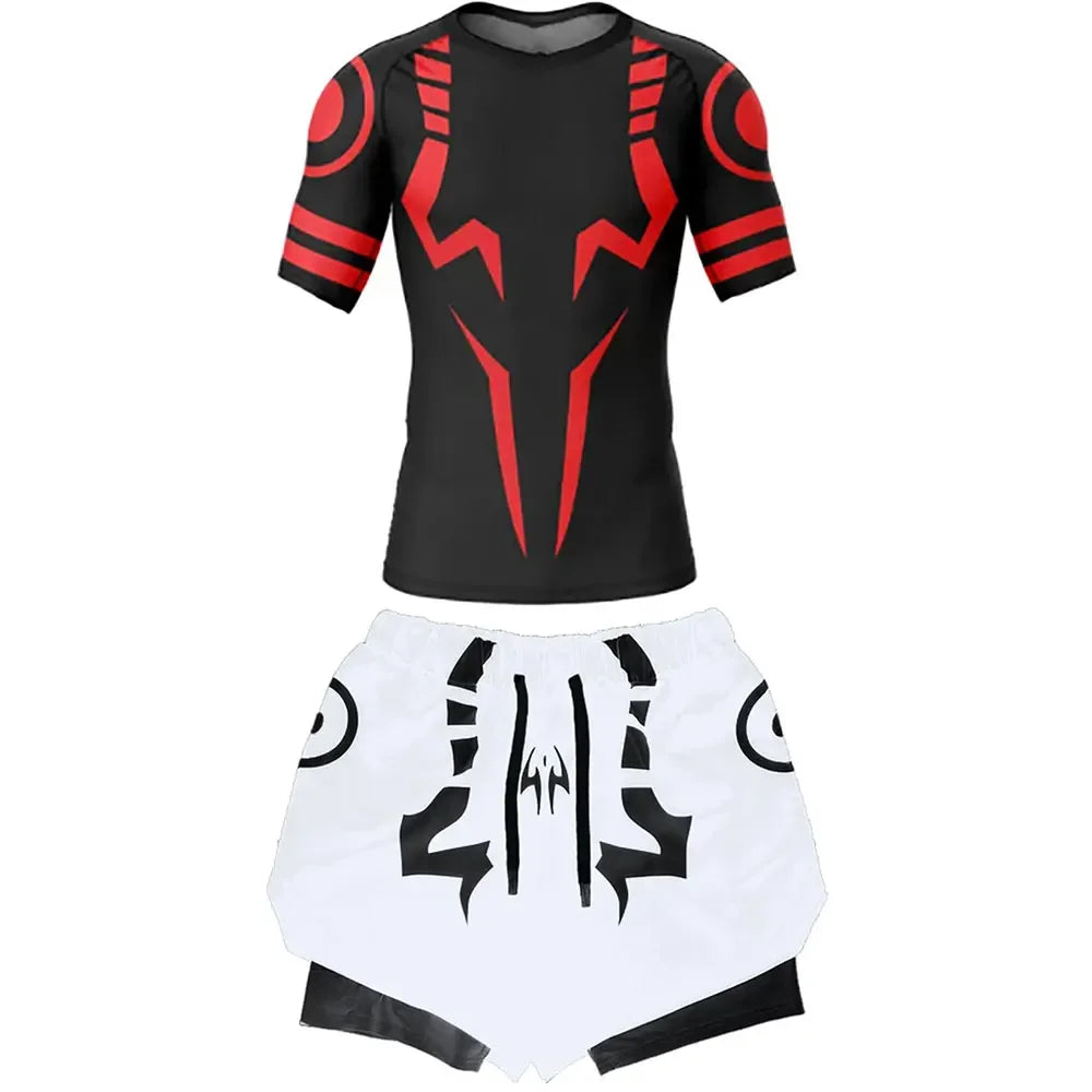 Men's Compression Set Anime Jujutsu Kaisen Printed Summer Gym Compression Shirts+Workout Shorts Breathable Quick Dry Sports Set