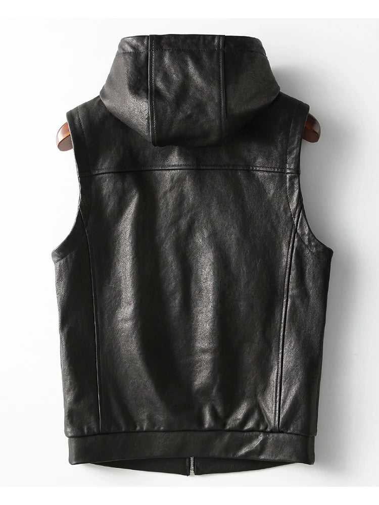 Mauroicardi Spring Autumn Luxury Elegant Cool Black Pu Leather Vest for Men with Hood Zipper Sleeveless Jacket Men Clothing 2023