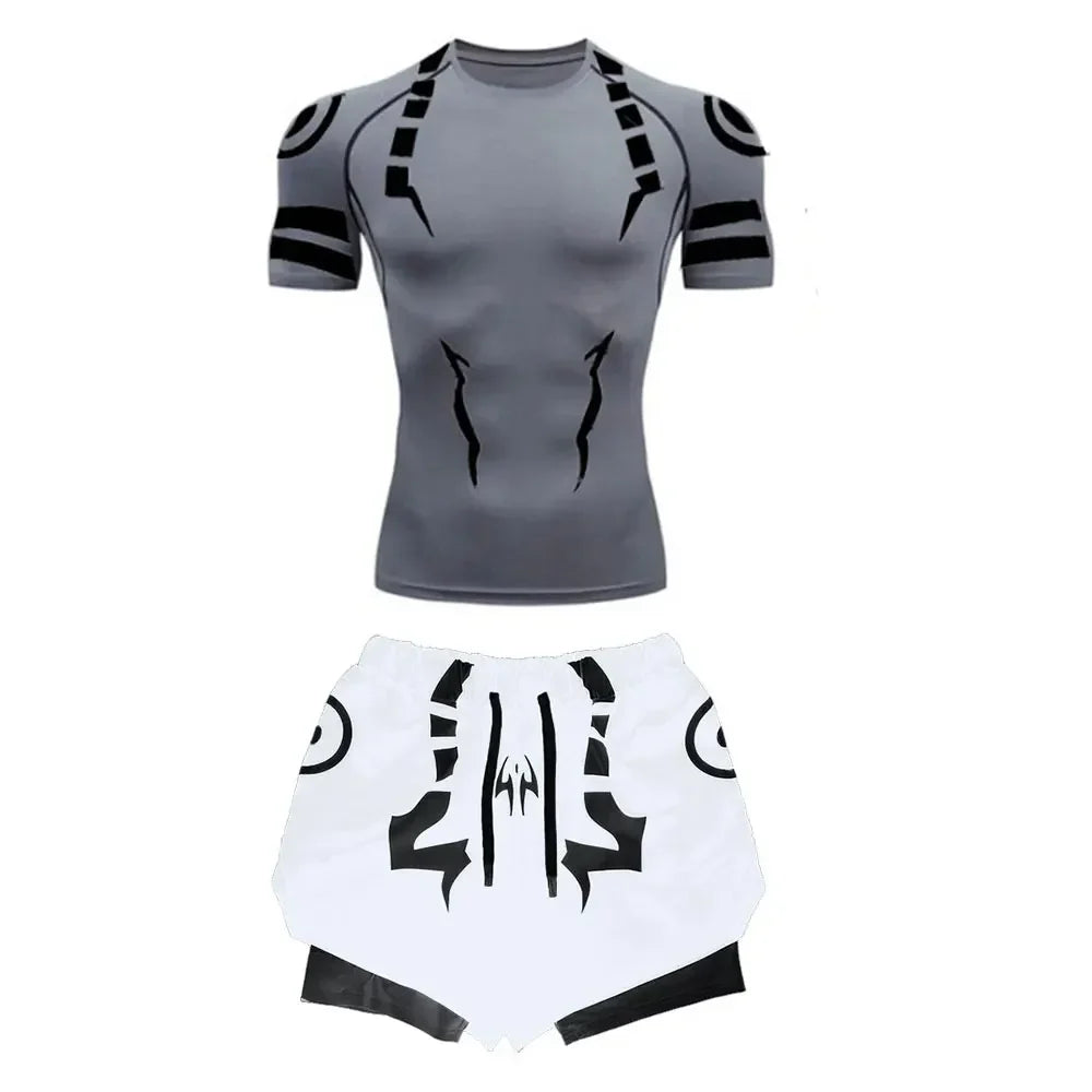 Men's Compression Set Anime Jujutsu Kaisen Printed Summer Gym Compression Shirts+Workout Shorts Breathable Quick Dry Sports Set