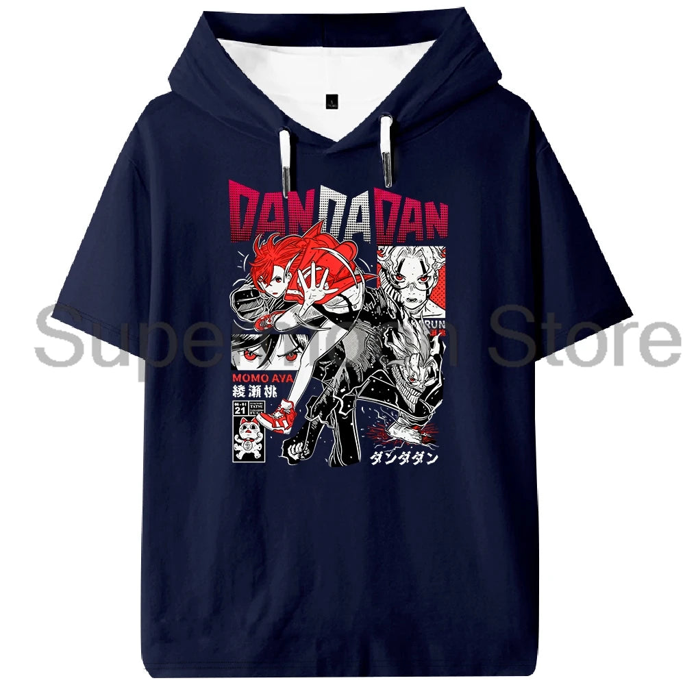 Anime Dandadan Momo Ayase Hooded T-shirt Summer Short Sleeve Sport Gym Tee Women Men Sportwear Outdoor Streetwear Tops