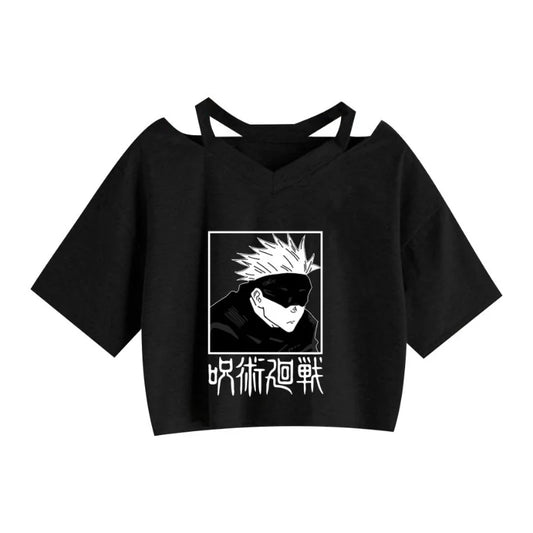 Women Fashion Cute Clothes Jujutsu Kaisen Anime Short Sleeve T-Shirt Casual Loose Pink Anime Graphic V-neck Crop Top Streetwear