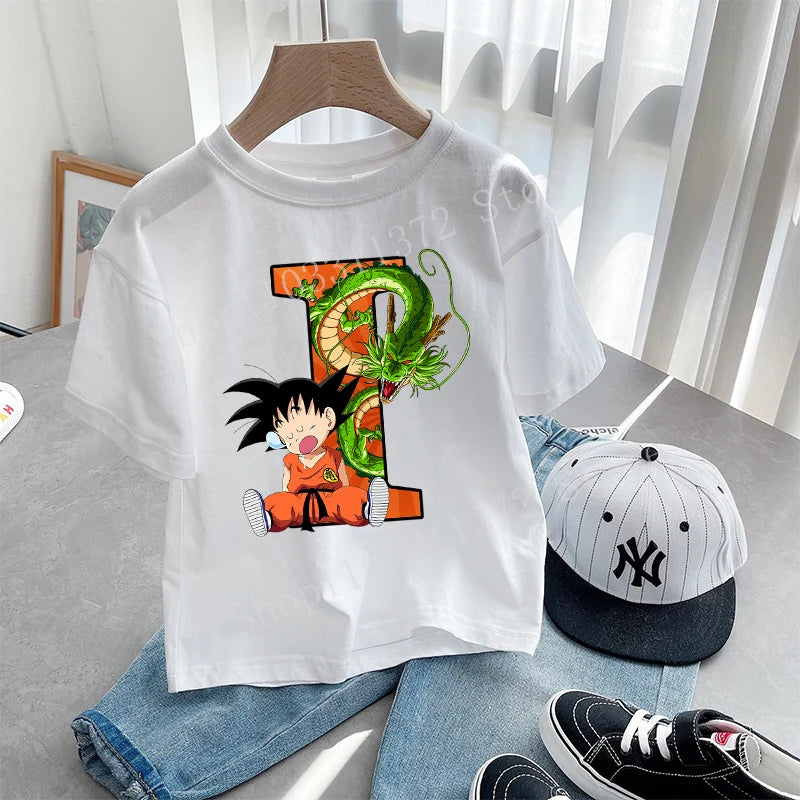 Dragon Ball Goku T-shirt Letter A-Z Print Boys Clothes Cotton Short Sleeve Toddler Fashion Cartoon Anime Summer Street Wear Gift