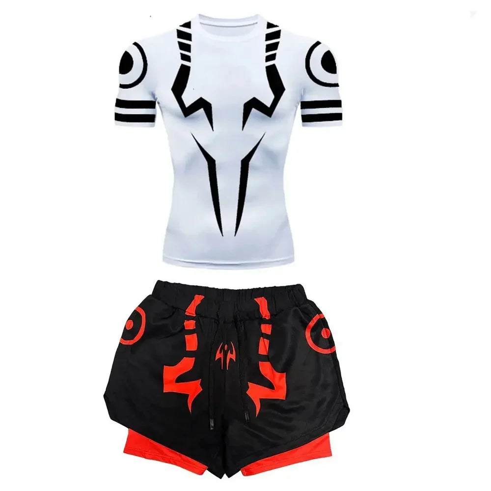 Men's Compression Set Anime Jujutsu Kaisen Printed Summer Gym Compression Shirts+Workout Shorts Breathable Quick Dry Sports Set