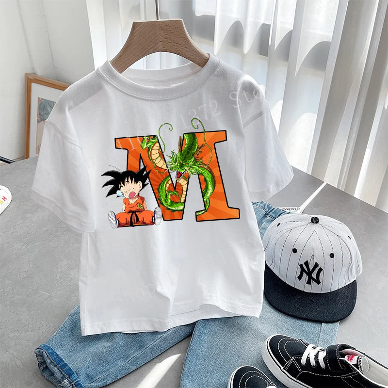 Dragon Ball Goku T-shirt Letter A-Z Print Boys Clothes Cotton Short Sleeve Toddler Fashion Cartoon Anime Summer Street Wear Gift