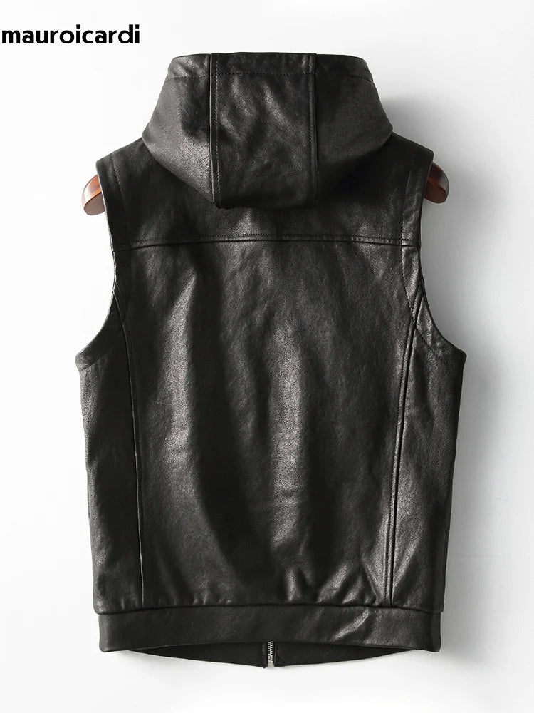 Mauroicardi Spring Autumn Luxury Elegant Cool Black Pu Leather Vest for Men with Hood Zipper Sleeveless Jacket Men Clothing 2023