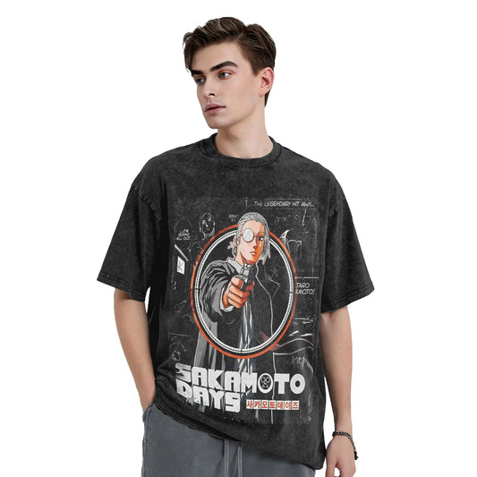 Sakamoto Days T Shirts Washed Short Sleeve Street T-Shirts Manga Anime Retro for Men Women Tops Streetwear Summer Tops Tees